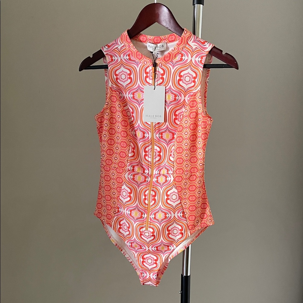 Hale Bob Orange & Pink Zip-Front One-Piece Swimsuit